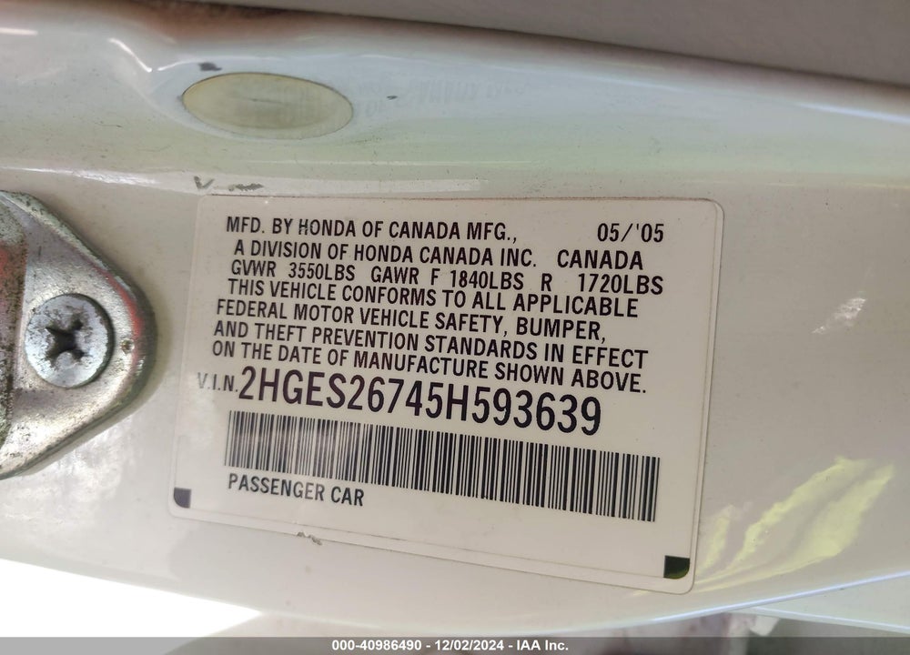 2005 HONDA CIVIC EX VIN: 2HGES26745H593639
