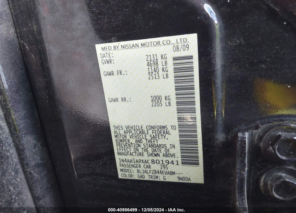 2010 NISSAN MAXIMA 3.5 SV VIN: 1N4AA5APXAC801941