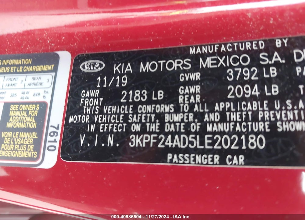 2020 KIA FORTE VIN: 3KPF24AD5LE202180