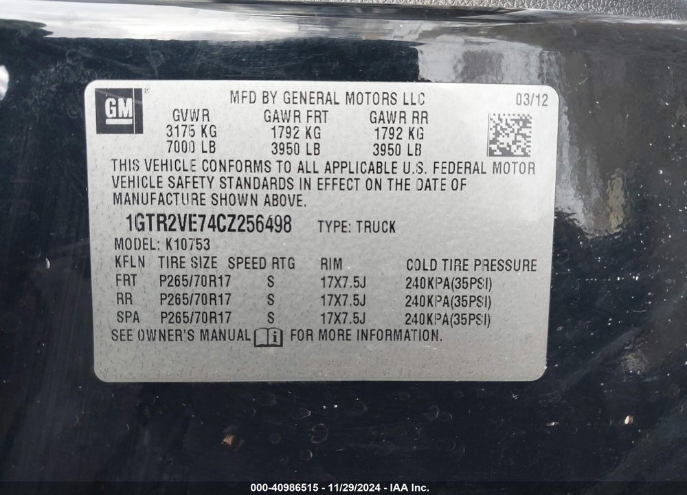 2012 GMC SIERRA VIN: 1GTR2VE74CZ256498