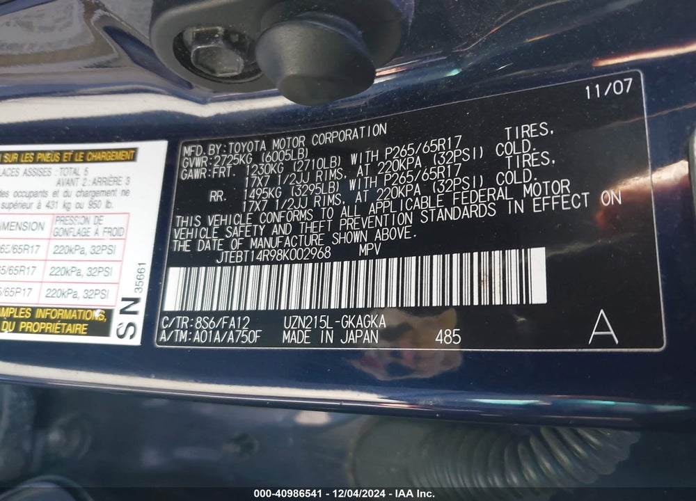 2008 TOYOTA 4RUNNER SR5 V8 VIN: JTEBT14R98K002968