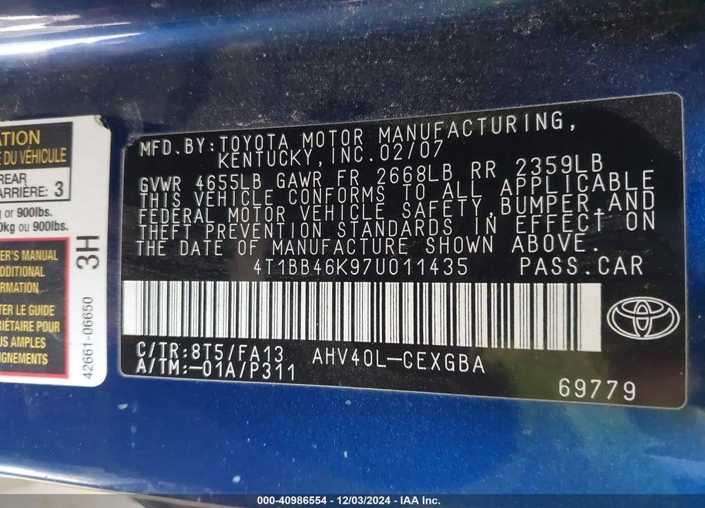 2007 TOYOTA CAMRY HYBRID VIN: 4T1BB46K97U011435