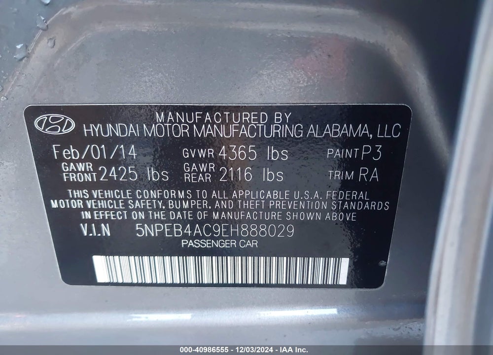 2014 HYUNDAI SONATA VIN: 5NPEB4AC9EH888029