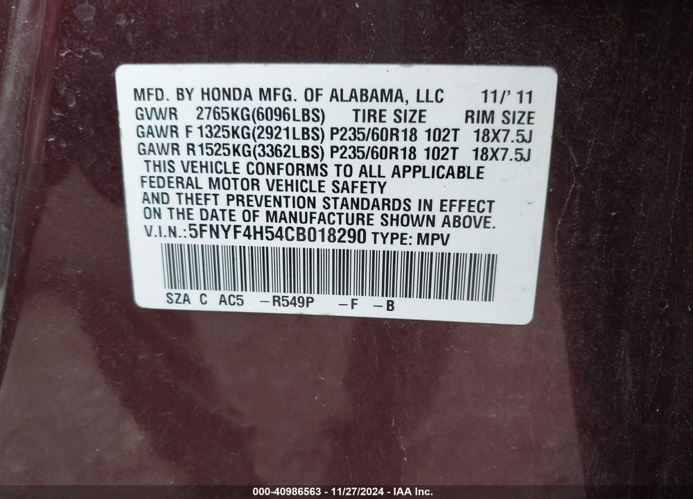 2012 HONDA PILOT EX-L VIN: 5FNYF4H54CB018290