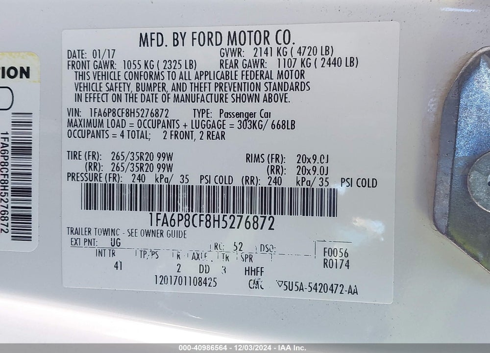 2017 FORD MUSTANG VIN: 1FA6P8CF8H5276872