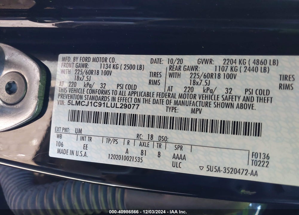 2020 LINCOLN CORSAIR STANDARD VIN: 5LMCJ1C91LUL29077