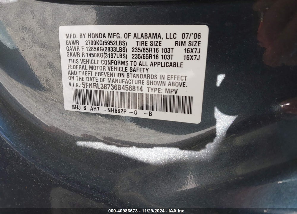 2006 HONDA ODYSSEY EX-L VIN: 5FNRL38736B456814