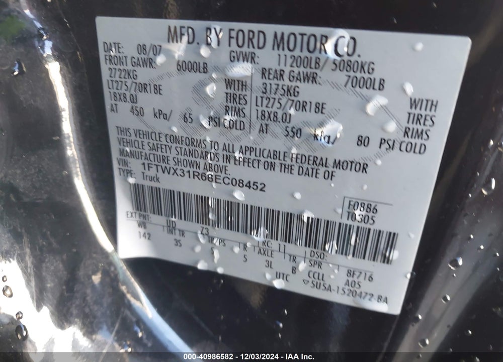2008 FORD F-350 FX4/LARIAT/XL/XLT VIN: 1FTWX31R68EC08452