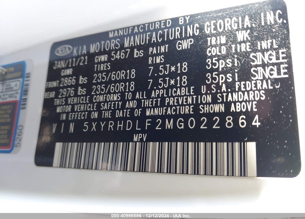 2021 KIA SORENTO EX VIN: 5XYRHDLF2MG022864