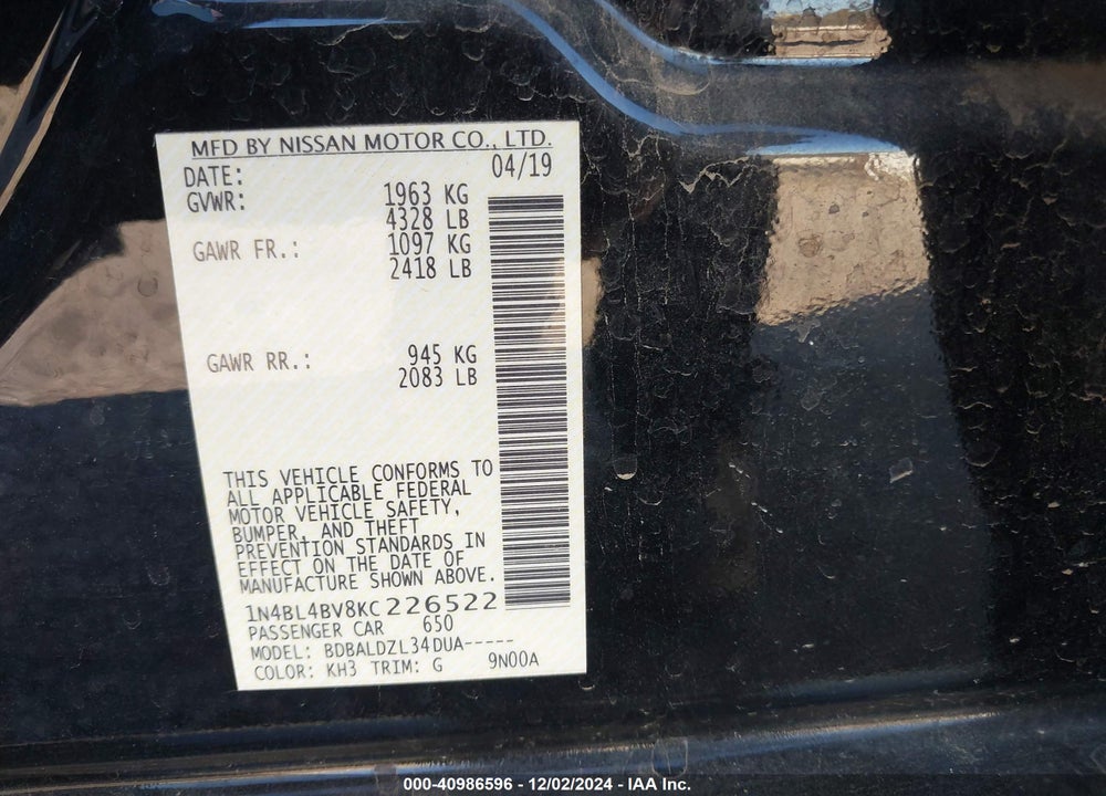 2019 NISSAN ALTIMA 2.5 S VIN: 1N4BL4BV8KC226522