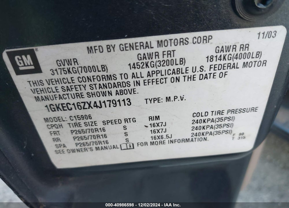 2004 GMC YUKON XL 1500 SLT VIN: 1GKEC16ZX4J179113