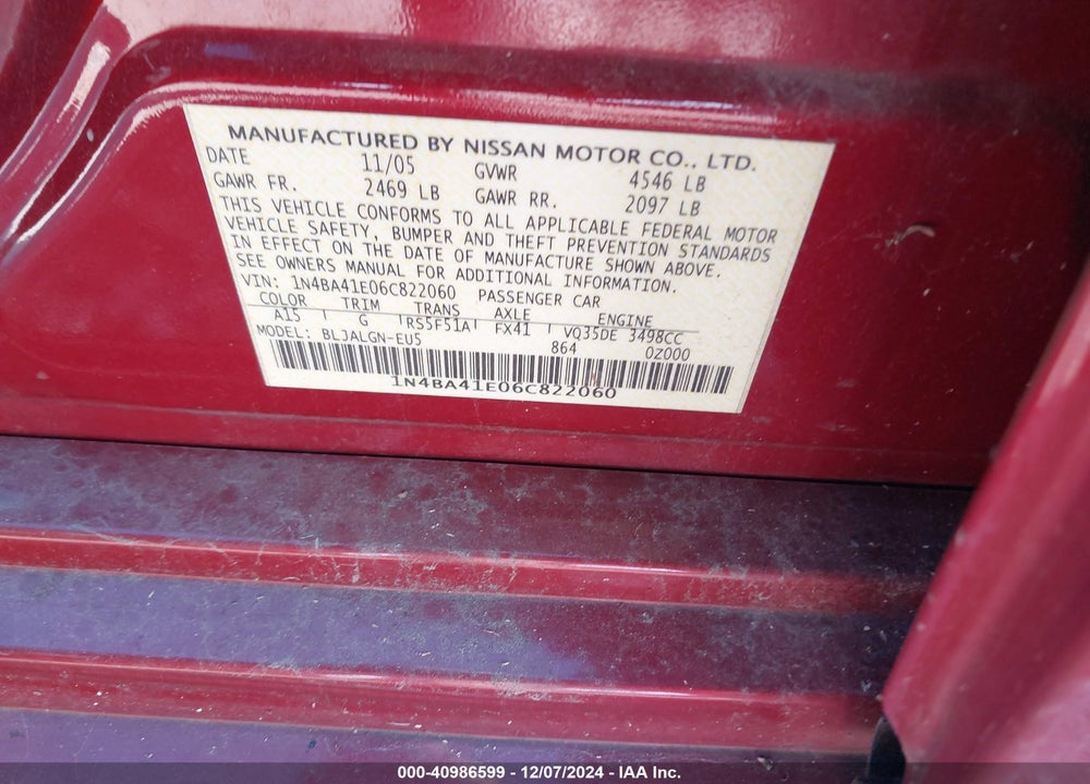 2006 NISSAN MAXIMA 3.5 SL VIN: 1N4BA41E06C822060