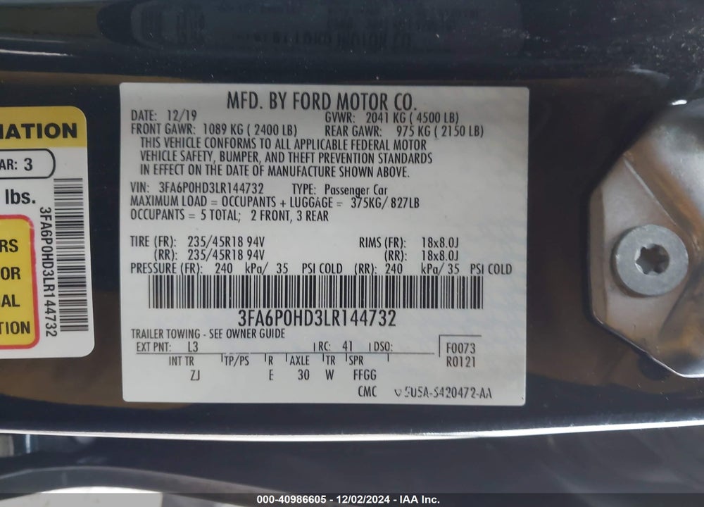 2020 FORD FUSION VIN: 3FA6P0HD3LR144732