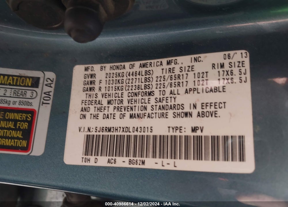 2013 HONDA CR-V EX-L VIN: 5J6RM3H7XDL043015