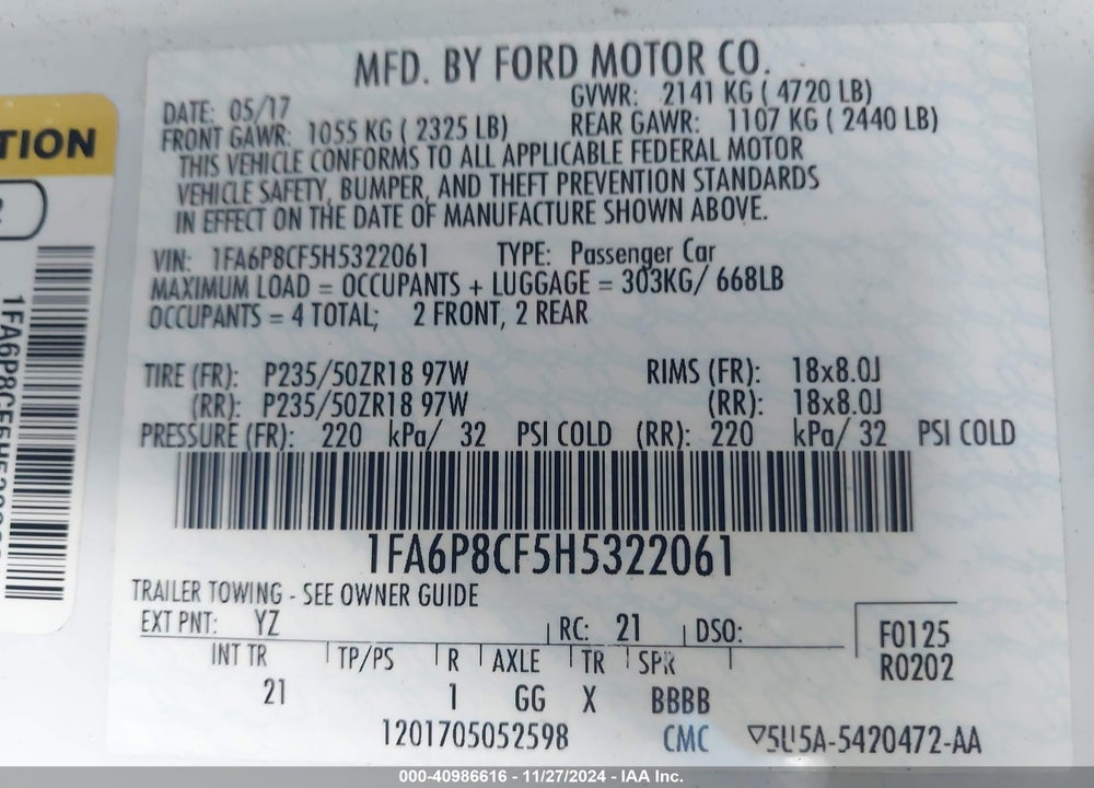 2017 FORD MUSTANG GT VIN: 1FA6P8CF5H5322061