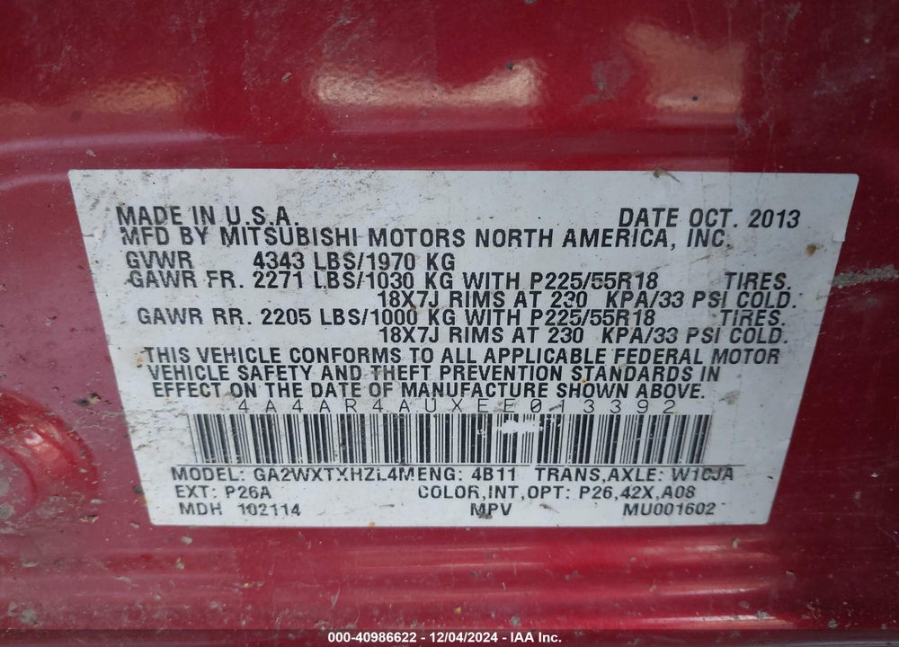 2014 MITSUBISHI OUTLANDER SPORT SE VIN: 4A4AR4AUXEE013392