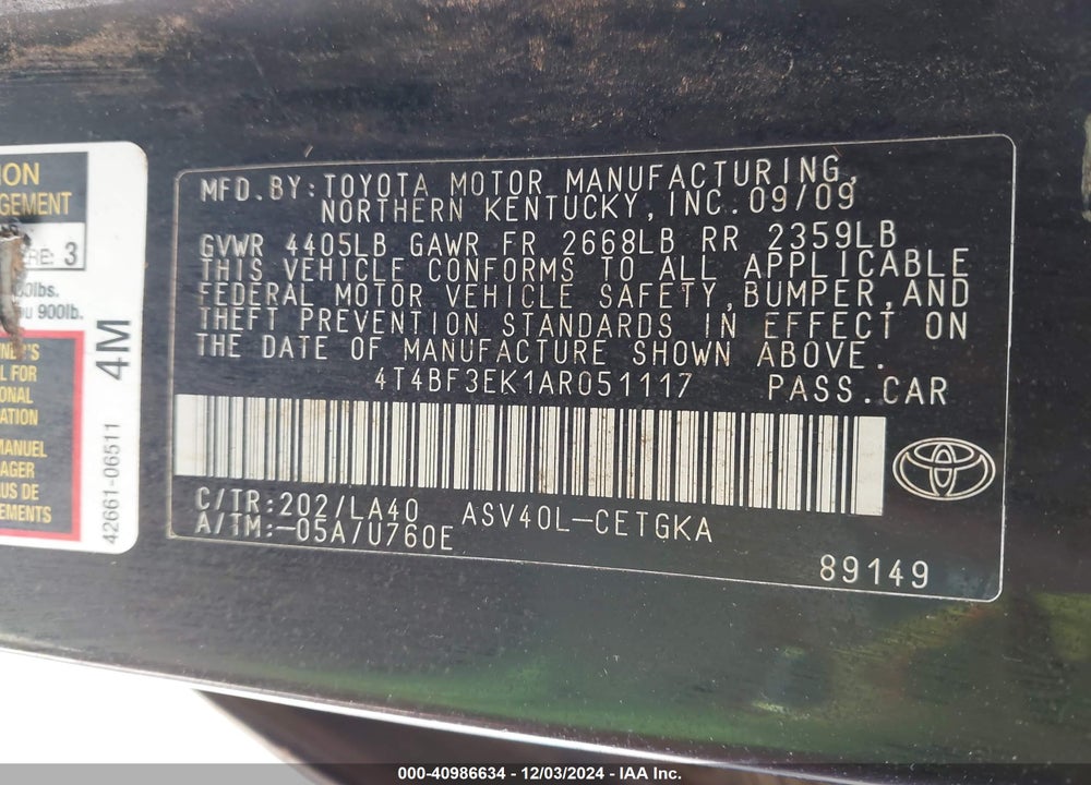 2010 TOYOTA CAMRY XLE VIN: 4T4BF3EK1AR051117