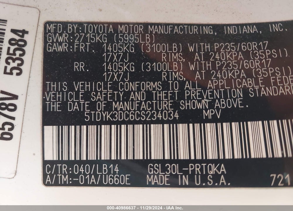 2012 TOYOTA SIENNA XLE V6 8 PASSENGER VIN: 5TDYK3DC6CS234034