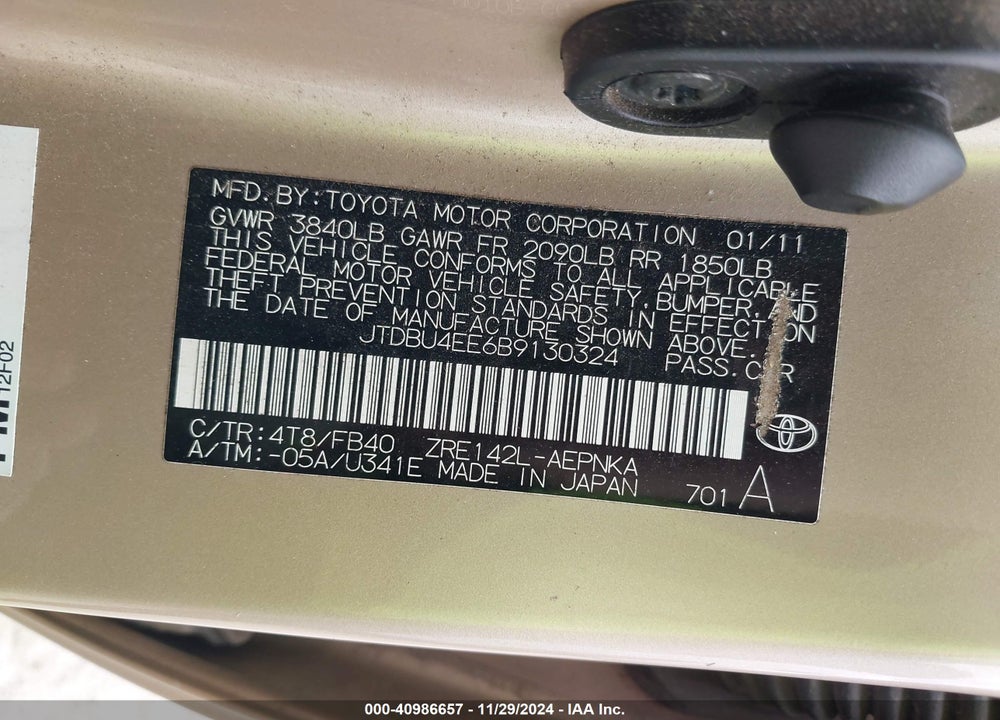 2011 TOYOTA COROLLA LE VIN: JTDBU4EE6B9130324