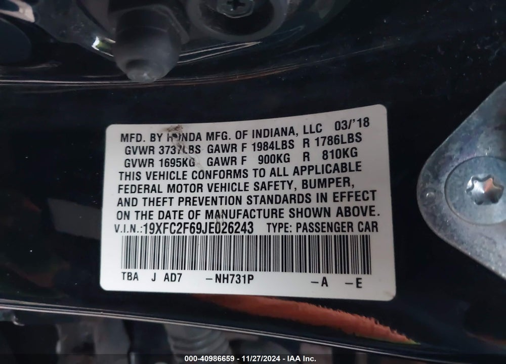 2018 HONDA CIVIC LX VIN: 19XFC2F69JE026243