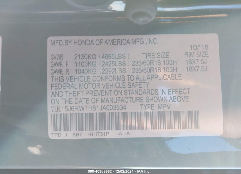 2018 HONDA CR-V EX-L/EX-L NAVI VIN: 5J6RW1H81JA003534