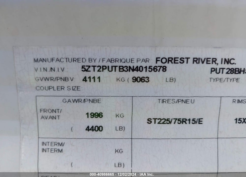 2022 FOREST RIVER OTHER VIN: 5ZT2PUTB3N4015678