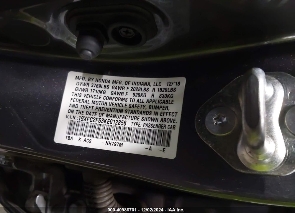 2019 HONDA CIVIC VIN: 19XFC2F63KE012856