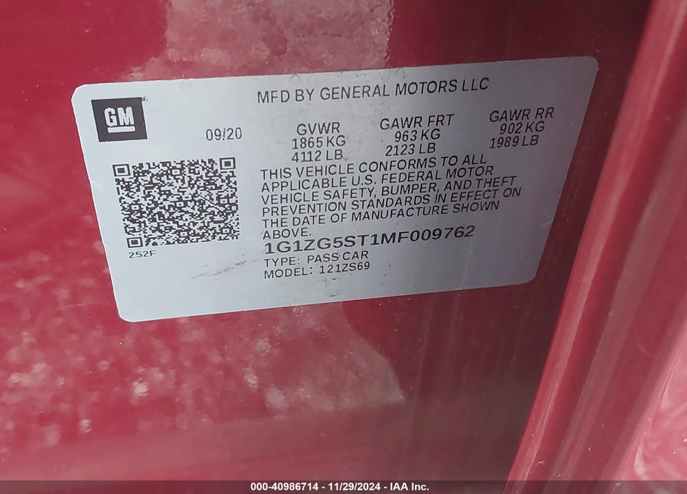 2021 CHEVROLET MALIBU VIN: 1G1ZG5ST1MF009762