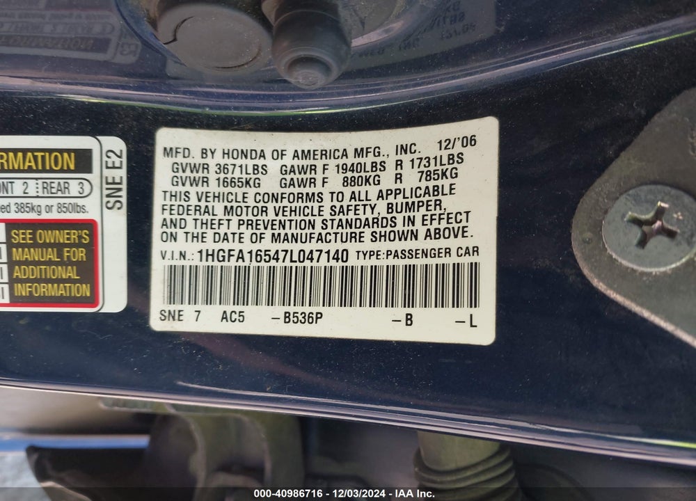2007 HONDA CIVIC LX VIN: 1HGFA16547L047140