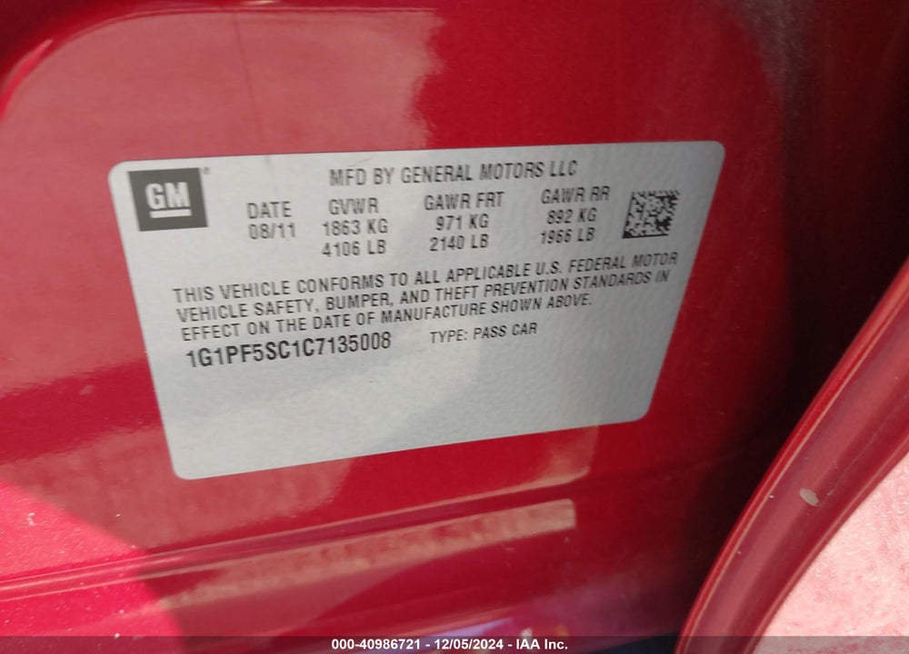 2012 CHEVROLET CRUZE 1LT VIN: 1G1PF5SC1C7135008