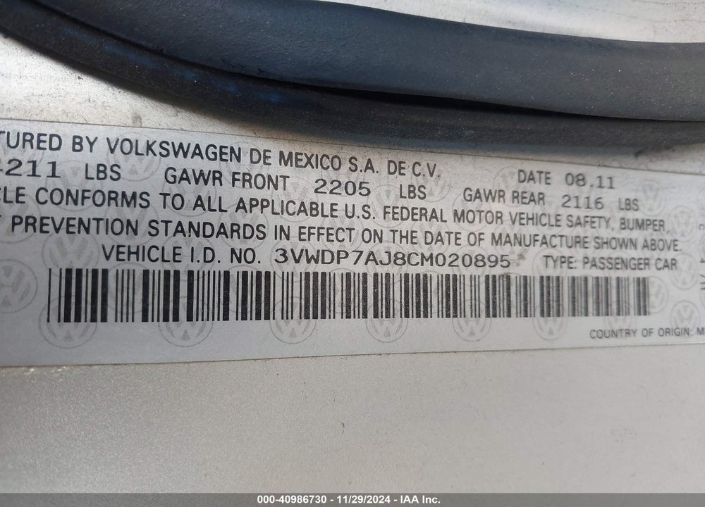 2012 VOLKSWAGEN JETTA VIN: 3VWDP7AJ8CM020895