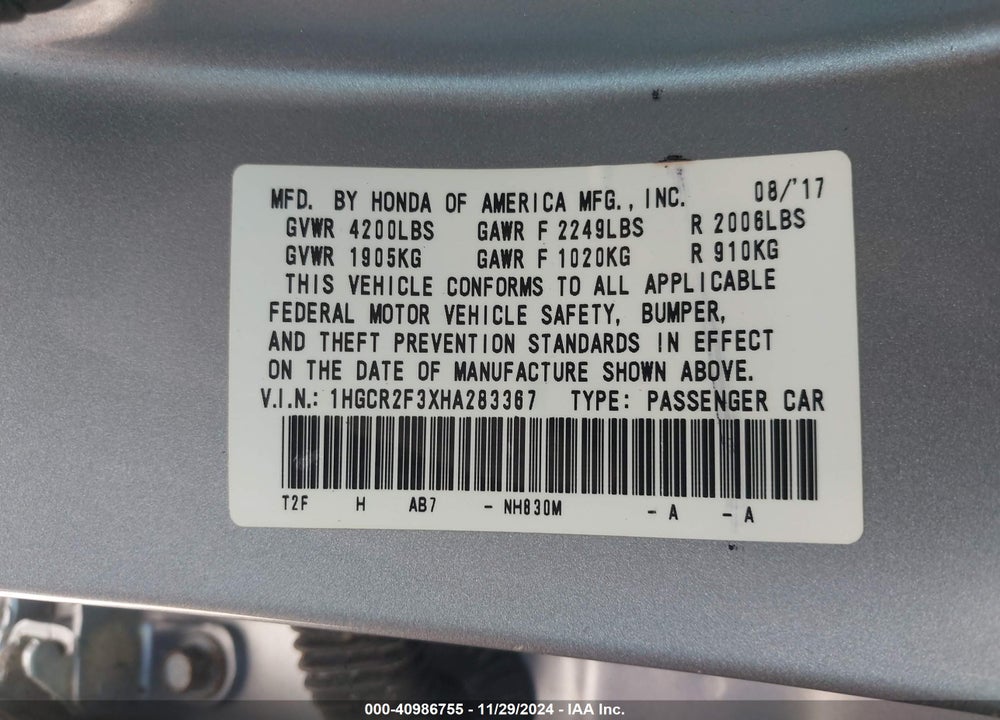 2017 HONDA ACCORD LX VIN: 1HGCR2F3XHA283367