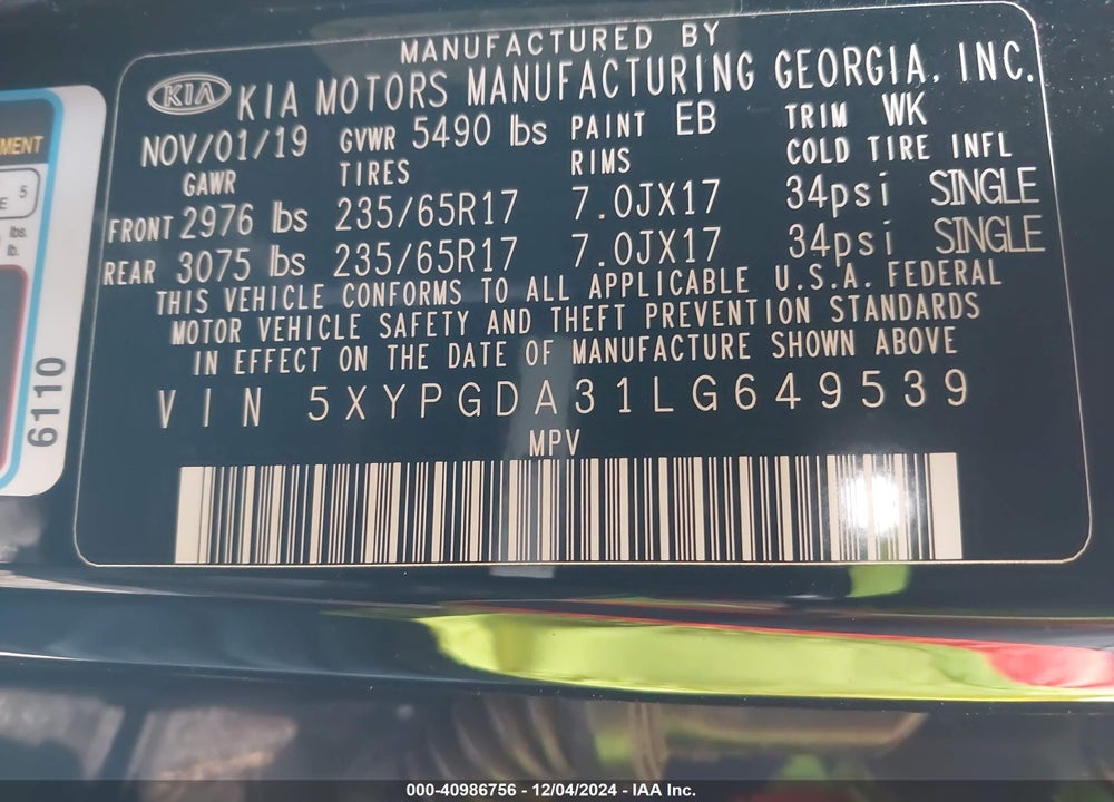 2020 KIA SORENTO 2.4L LX VIN: 5XYPGDA31LG649539