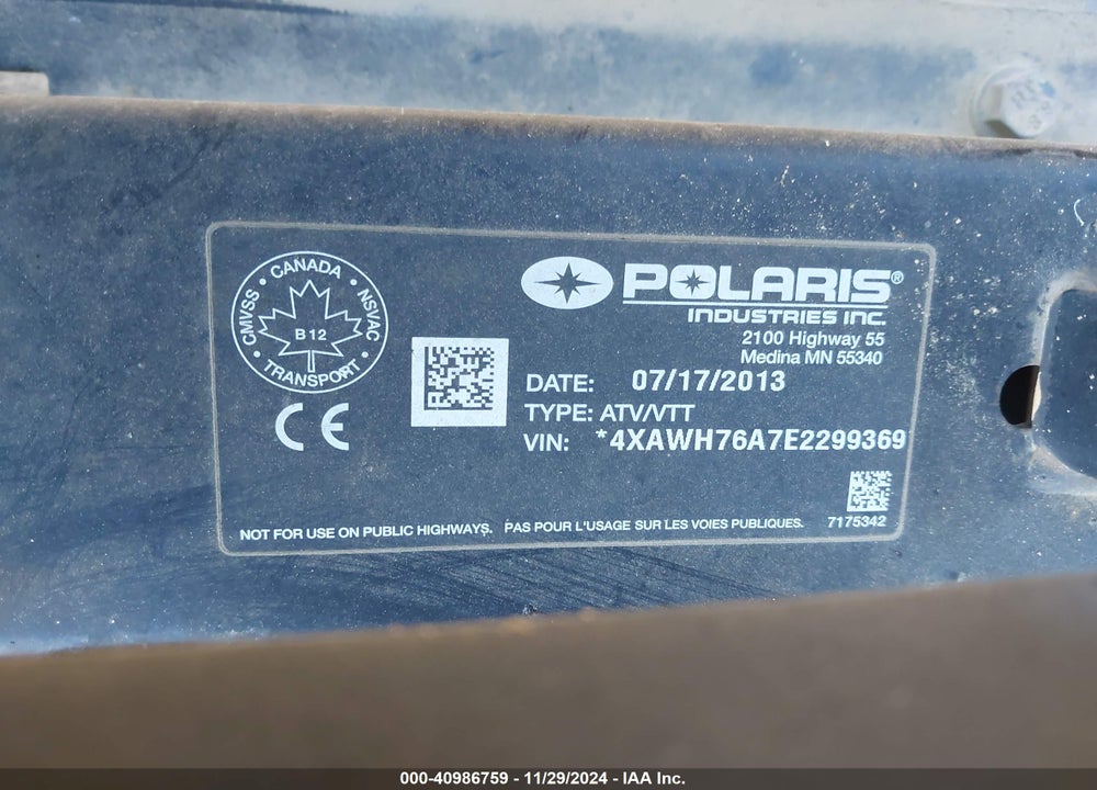 2014 POLARIS RANGER 800 CREW VIN: 4XAWH76A7E2299369