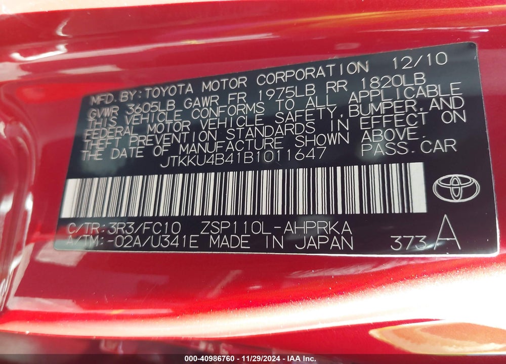 2011 SCION XD VIN: JTKKU4B41B1011647