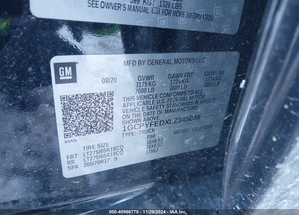 2020 CHEVROLET SILVERADO 1500 VIN: 1GCPYFEDXLZ345848