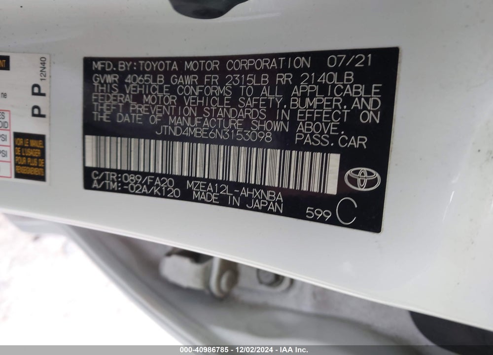 2022 TOYOTA COROLLA SE VIN: JTND4MBE6N3153098
