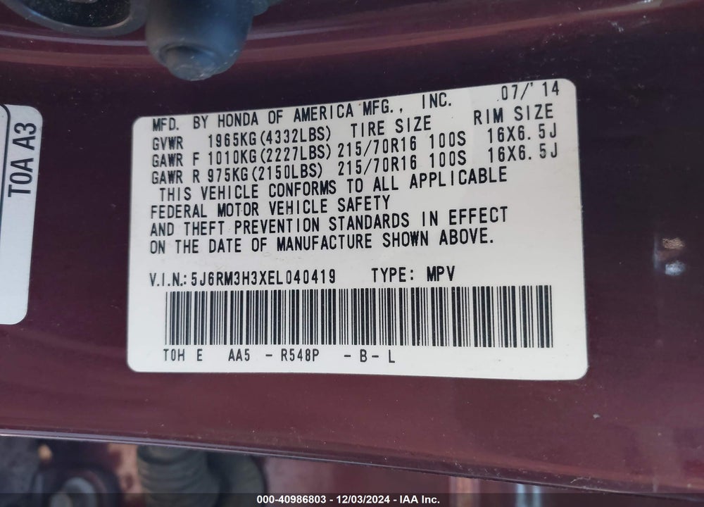 2014 HONDA CR-V LX VIN: 5J6RM3H3XEL040419