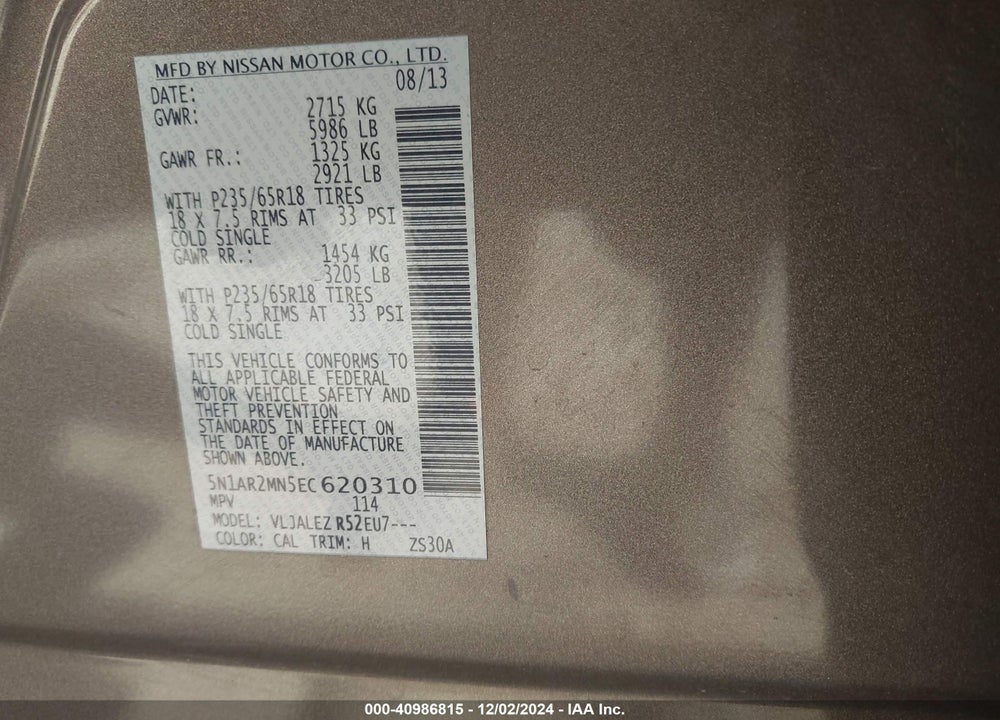 2014 NISSAN PATHFINDER SV VIN: 5N1AR2MN5EC620310