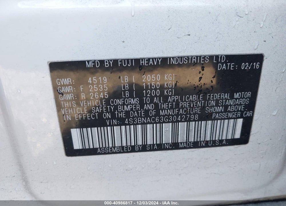 2016 SUBARU LEGACY 2.5I PREMIUM VIN: 4S3BNAC63G3042798