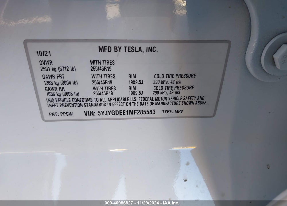 2021 TESLA MODEL Y LONG RANGE DUAL MOTOR ALL-WHEEL DRIVE VIN: 5YJYGDEE1MF285583