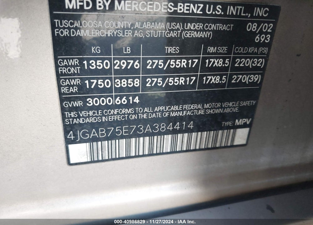 2003 MERCEDES-BENZ ML 500 VIN: 4JGAB75E73A384414