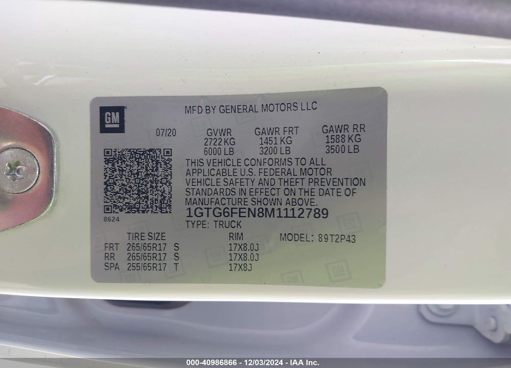 2021 GMC CANYON VIN: 1GTG6FEN8M1112789