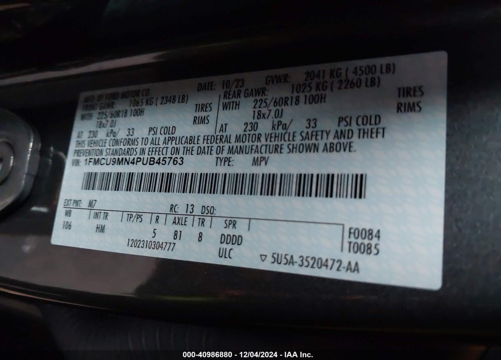 2023 FORD ESCAPE ST LINE VIN: 1FMCU9MN4PUB45763
