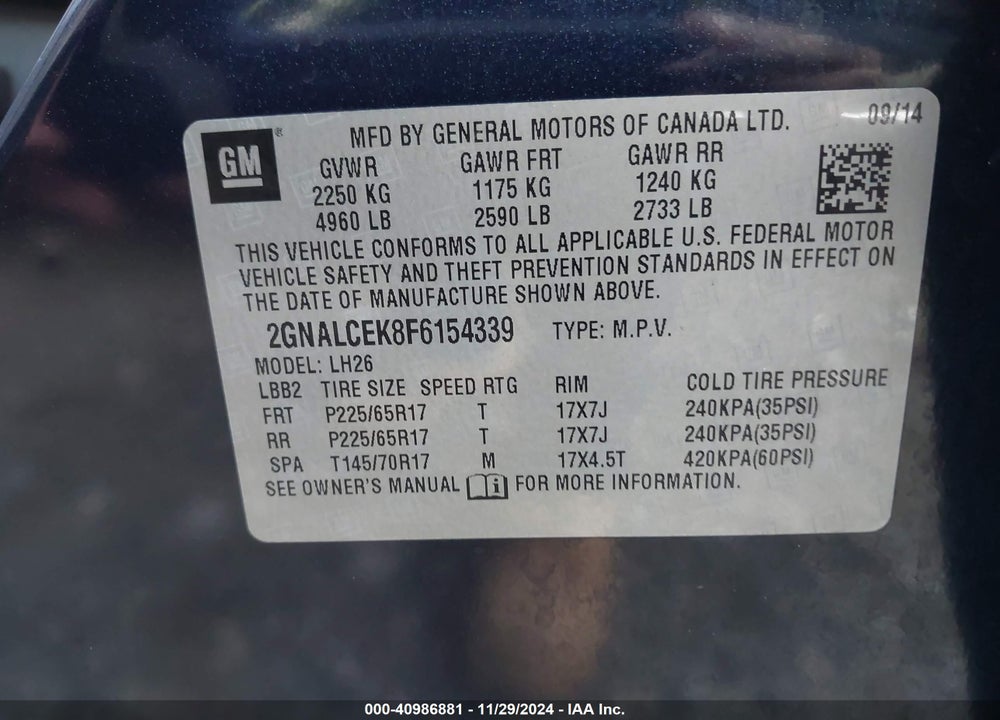2015 CHEVROLET EQUINOX 2LT VIN: 2GNALCEK8F6154339