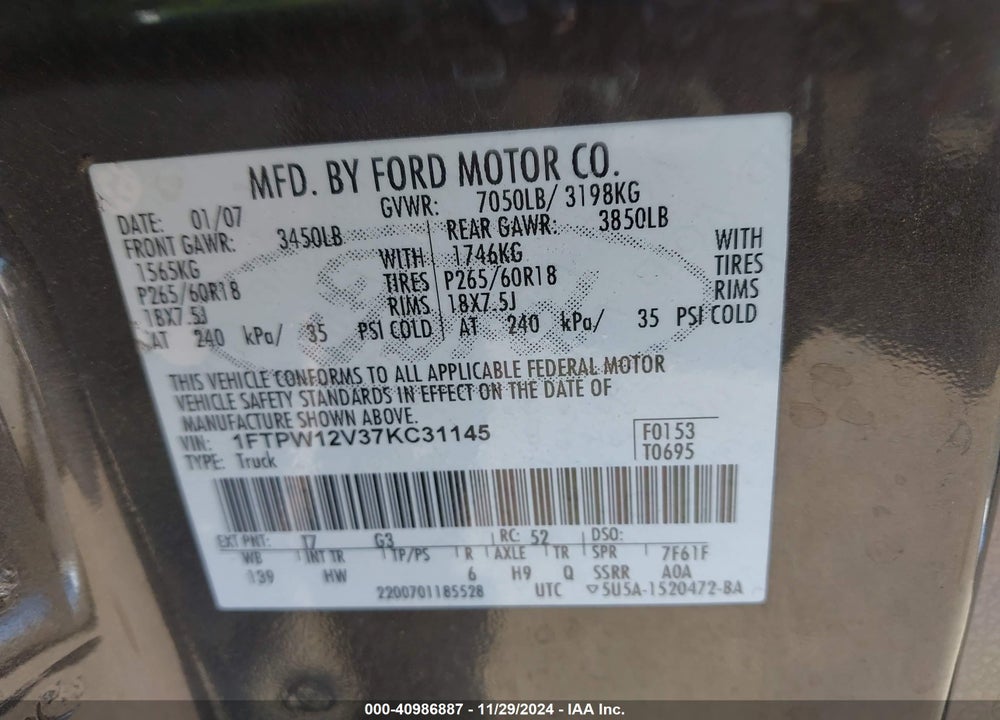 2007 FORD F-150 LARIAT/XLT VIN: 1FTPW12V37KC31145