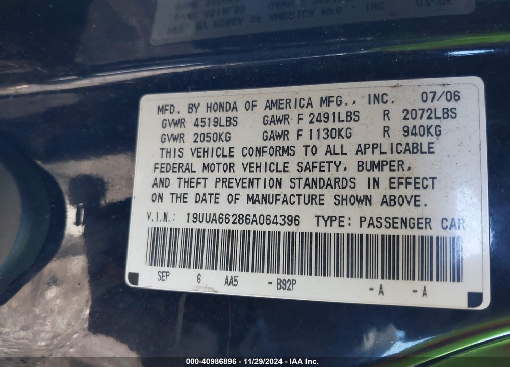 2006 ACURA TL VIN: 19UUA66286A064396