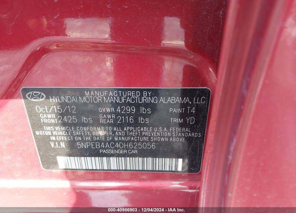 2013 HYUNDAI SONATA GLS VIN: 5NPEB4AC4DH625056