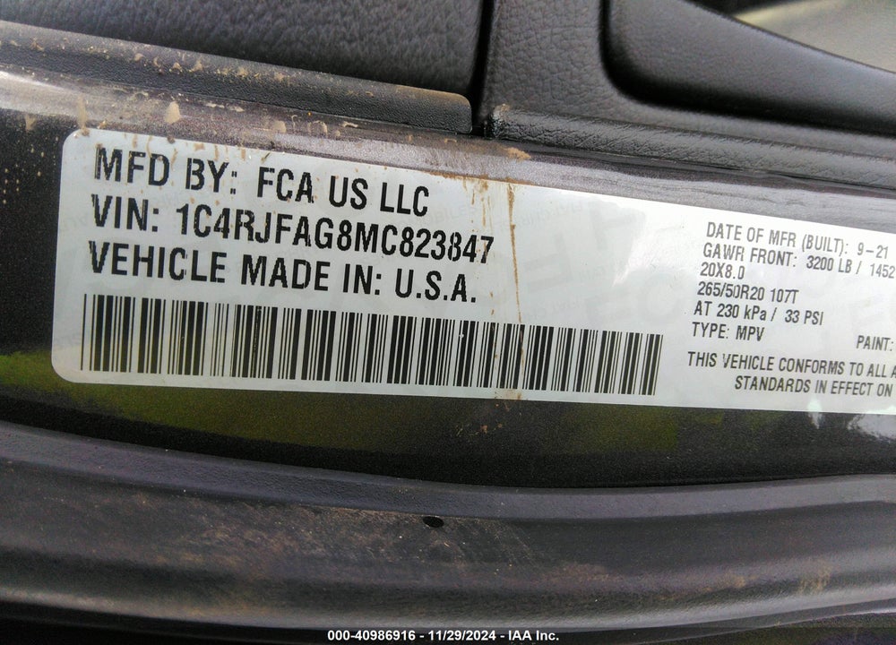 2021 JEEP GRAND CHEROKEE VIN: 1C4RJFAG8MC823847