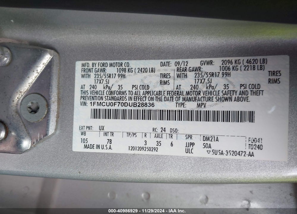 2013 FORD ESCAPE S VIN: 1FMCU0F70DUB28836